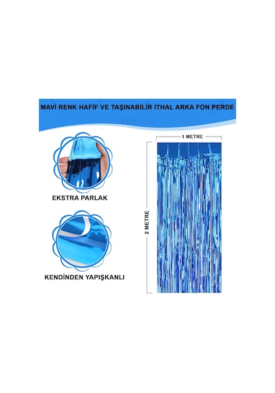 Himarry Mavi Renk Ekstra Metalize Parlak Saçaklı Arka Fon Perde İthal A Kalite 1x2 Metre