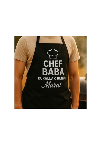 Chef Baba Kurallar Benim İsme Özel Siyah Mutfak Önlüğü Siyah