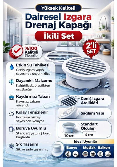 2 Li Yuvarlak Gider Süzgeci Ve Koku Önleyici Kapak, Banyo, Mutfak, Duş Ve Zemin Giderlerinde Kullanıma Uygun, 10 Cm Çap, Dayanıklı Plastik, Saç Ve Atık Tutucu Izgaralı Tasarım, Kolay Temizlik