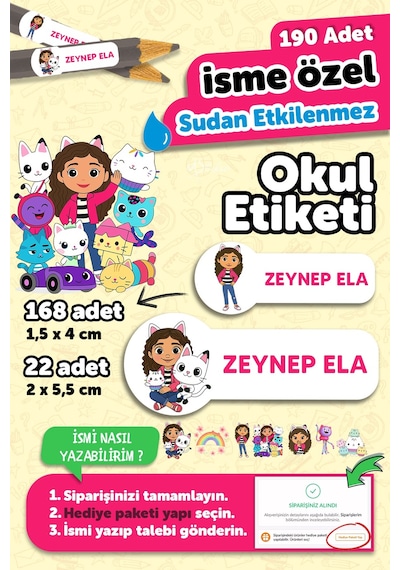 Okul Etiketi Kalem Defter İsimli Etiket Isim Yazılabilen Gabbye - 190 Adet Özel Tasarım Etiket Çok Renkli
