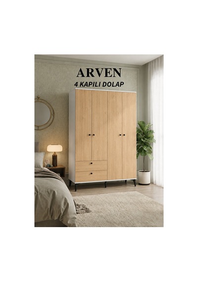 Arven 4 Kapılı 2 Çekmeceli Dolap, Gardrop Meşe - Beyaz