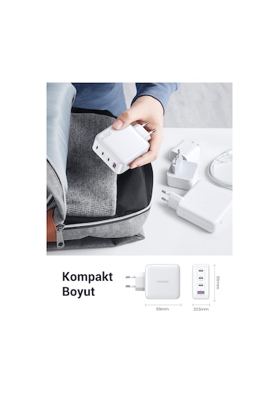 Ugreen Nexode Gan X 100w Hızlı Şarj Cihazı 4 Portlu Pd Qc 3xusb-c, 1xusb-a, Beyaz, 15337 -