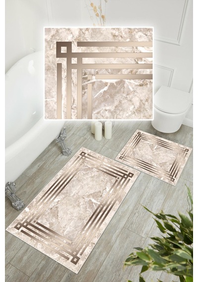 Dijital Baskı Mermer Desen Kaymaz Taban 2li Set Banyo Paspası Klozet Takımı 50x60cm-60x100cm Kahverengi