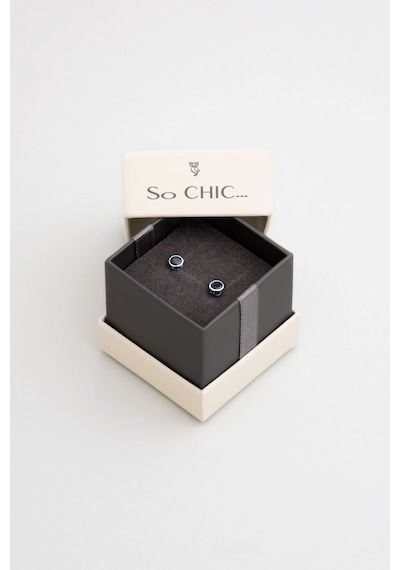 So Chic Siyah Taşlı 18 Ayar Beyaz Altın Kaplama Unisex Gümüş Tek Taş Küpe Rodyum Kaplama