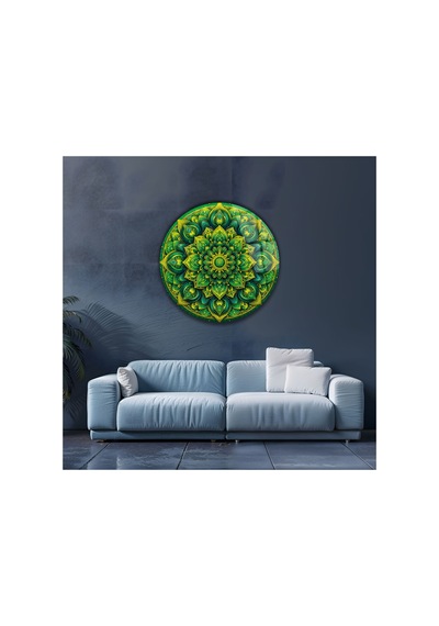 Bohem Yeşil Modern Mandala Tasarım Desenli Yuvarlak Dekoratif Cam Tablo Bohem Temalı Dekoratif Duvar Tablosu, Salon, Yatak Odası Ve Çalışma Alanı Dekoru, 80x80 Cm
