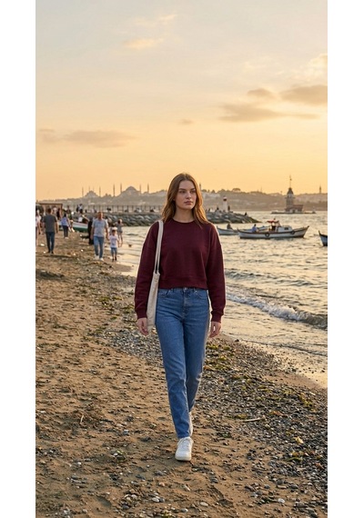 Luxıc Core Kadın Crop Bisiklet Yaka Sweatshirt Pamuklu Yumuşak Dokulu Günlük Spor Sweatshirt Bordo
