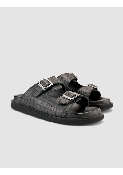 %100 Hakiki Deri Croco Desen Siyah Erkek Terlik Siyah