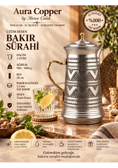 2 Litre Kapaklı İçi Kalaylı El İşlemeli Bakır Sürahi
