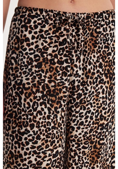 Tudors Kadın Slim Fit Dar Kesim Beli Lastikli Bağlamalı Leopar Desenli Pantolon-34301 Kahve - Taş