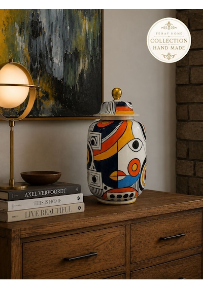 Seramik Vazo - El Yapımı Geometrik Desenli Honey Pot Sarı