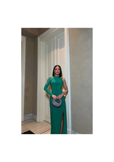 Lior Design Kadın Trend Model Bisiklet Yaka Tek Kollu Abiye Elbise Zümrüt