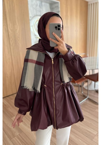 Kahijab Beli Büzgülü Deri Ceket - Bordo Bordo
