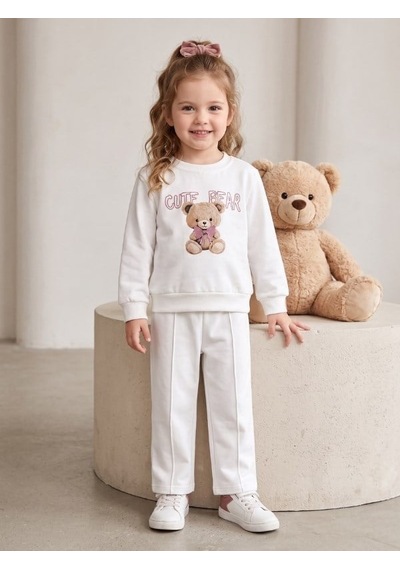 Zekids Kız Çocuk Beyaz Ayıcık Baskılı Bisiklet Yaka Eşofman Takımı-17433