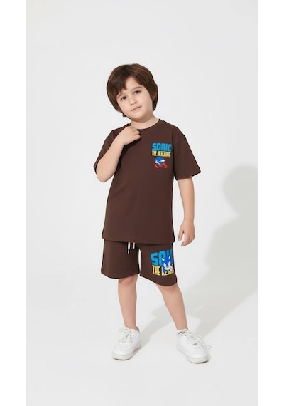 Miniko Kids Erkek Çocuk Sonic Modelli Pamuk Şortlu Takım Kahverengi