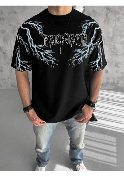 Erkek Yıldırım Şimşek Baskılı T-shirt Kısa Kol Bisiklet Yaka Tişört - Siyah Siyah