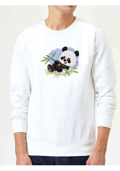 Panda Baskılı Beyaz Erkek Örme Sweatshirt (528454610)