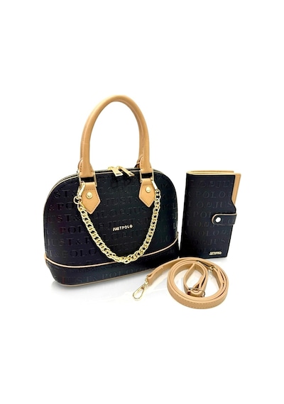 Just Polo Kadın Zincir Detaylı Lüks El & Omuz Çantası Ve Cüzdanı Kombin Shopper Ebat : 25x22 Cm Siyah - Camel
