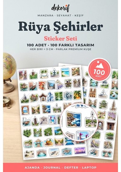 Sevimli Şehir Sticker Seti 100 Adet - Rüya Şehirler Suluboya Ajanda Journal Defter Laptop Çıkartma Çok Renkli