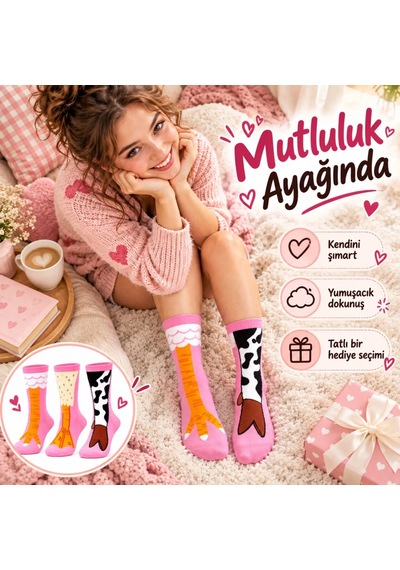 Genel Kadın 6'lı Pembe Hayvan Desenli Soket Çorap Seti İnek Figürlü Seviml Çok Renkli / 36-40 / 6 Adet Çok  Renkli