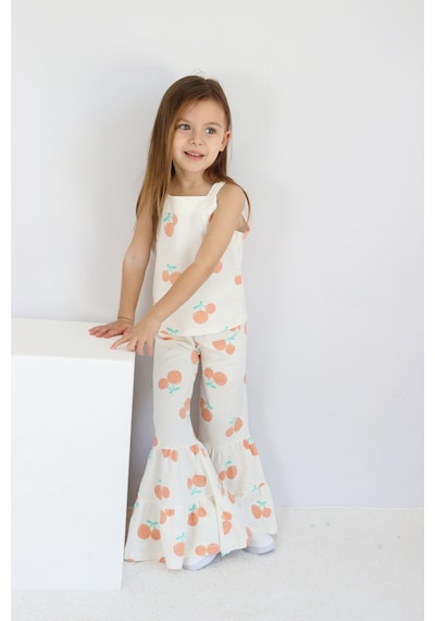 Kıpırık Baby Kız Çocuk Ekru Kiraz Desenli İspanyol Paça Pantalonlu Takım-1170 Ekru