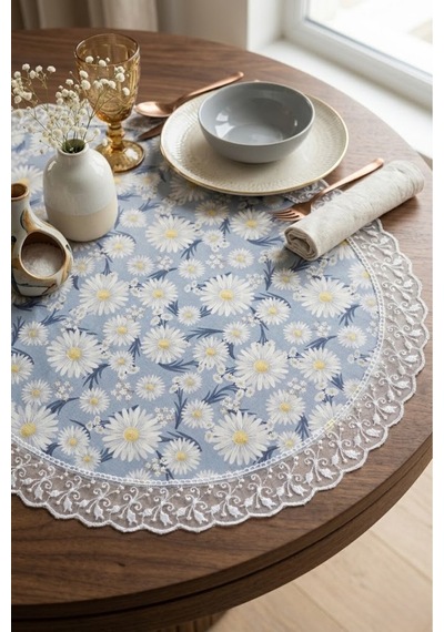 Dekoratif Yuvarlak Runner Papatya Desenli Fransız Güpürlü Masa Ve Konsol Örtüsü 60 Cm Çap Mavi