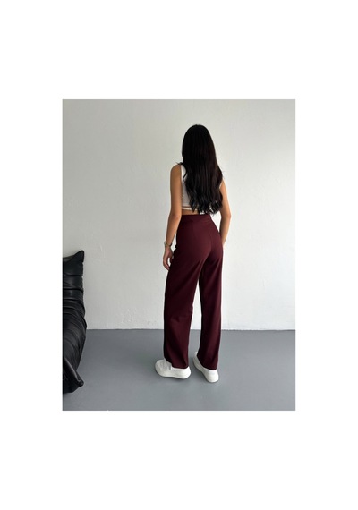 Gugus Kadın Cepsiz Dokuma Kumaş Pantolon Beli Cırtlı Bol Paça Wide Leg Model Bordo