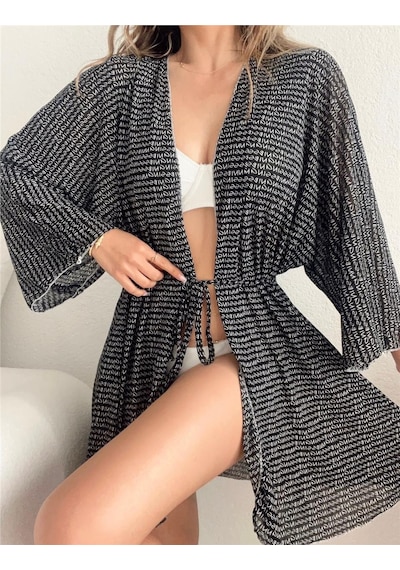 Pink Life Siyah Tül Üzeri Golf Baskılı Likralı Kimono Tarzı Pareo-siyah Siyah