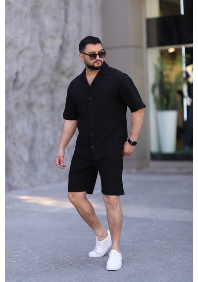 Çağla Yeşili Renk Gömlek Şort Erkek Keten Takım Oversize Kalıp Siyah