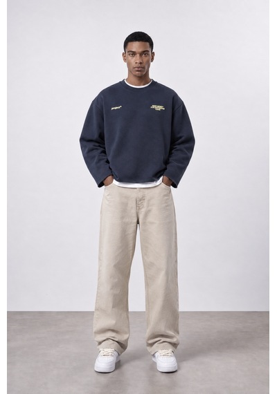Respire Erkek Cake Baskılı Pis Dikiş Detaylı Oversize Sweatshirt Lacivert