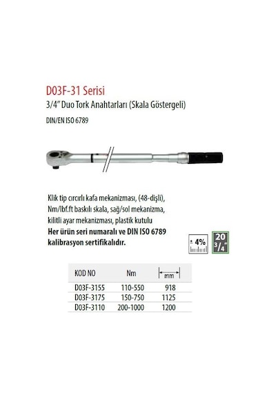 Ceta Form D03f-3155 110-550 Nm 3/4" Tork Anahtarı skala Gösterge