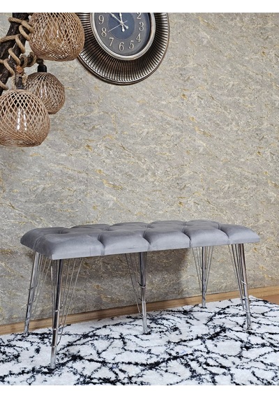 Zafir Metal Krom Tel Ayaklı 100 Cm Puf Bench - Puf - Bench - Oturak - Mutfak Oturağı - Antre Oturağı Gri
