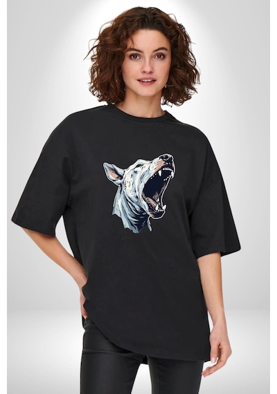 Bull Terier Köpek Havlama Pamuklu Bisiklet Yaka Unisex Oversize Boyfriend Dijital Baskılı Siyah T-shirt Siyah
