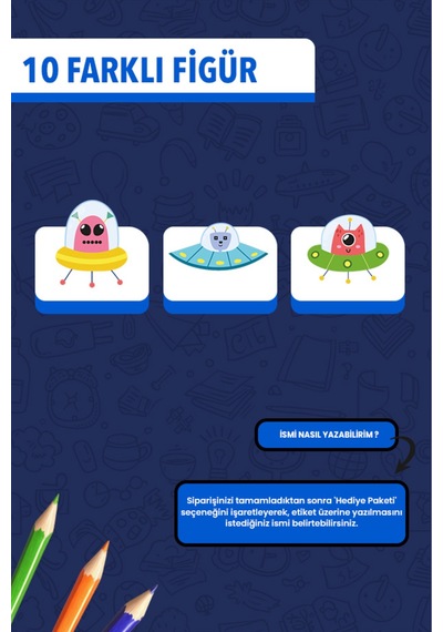 İsim Yazılabilir Sevimli Uzaylılar Temalı Okul Etiketi Kalem & Defter İçin 200 Adet Çoklu
