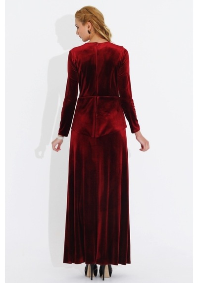 Nidya Moda Büyük Beden Kadife Peplumlu Elbise-4044B Kırmızı