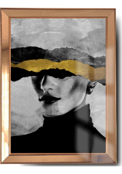 Gold Çerçeveli Varak Detaylı Gold Black Kadın Cam Ayna Çerçeveli Tablo