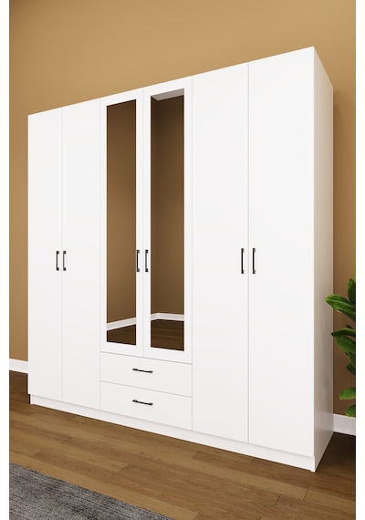 Asra Trend 6 Kapaklı Gardırop G-05 %100 MDF 2 Çekmeceli Aynalı Elbise Dolabı Beyaz