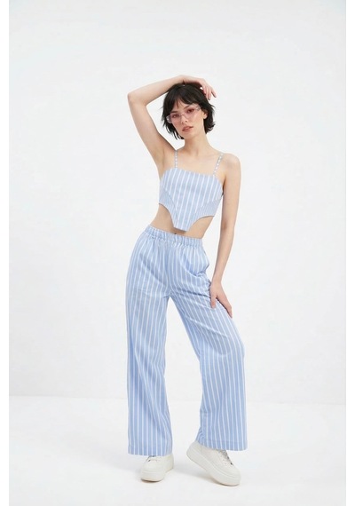 Holly Lolly Beli Lastikli Çizgili Harmony Poplin Pantolon Mavi