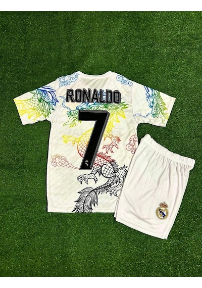 Real Madrid Ronaldo 7 Dragon Çocuk Futbol Forması Beyaz Çok Renkli
