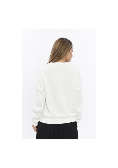 Kadife Kuş Desenli Şardonlu İçi Polarlı Ekru Regular Fit Bisiklet Yaka Kadın Sweatshirt Ekru