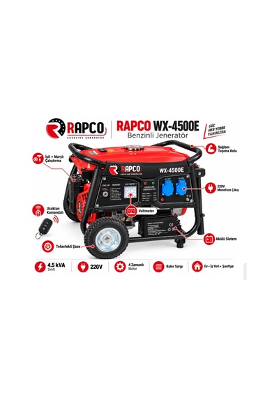 Algaride Rapc Wx-4500e Benzinli Jeneratör 4.5 Kva Uzaktan Kumandalı Marşlı İpli Monofaze 220v Tekerlekli Güç Ünitesi