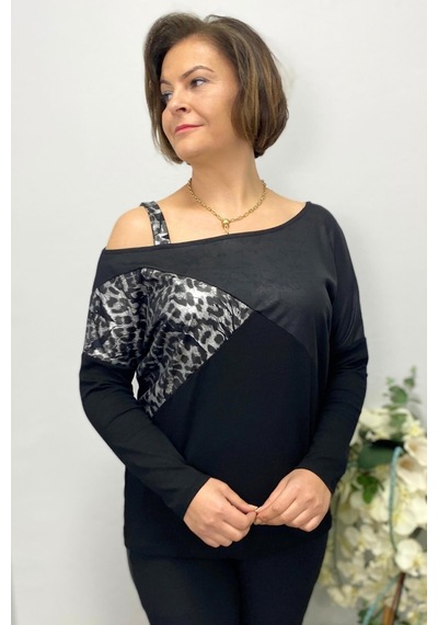 Mia Butik Büyük Beden Siyah Tek Omuz Leopar Detaylı Bluz-1582 Gri