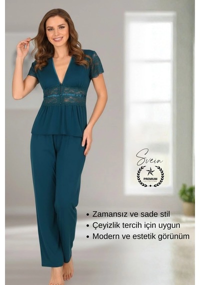 Svein Pijama Yeşil Nefes Alabilen Yumuşak Kadın Pijama Seti Günlük Kullanım Modern Şık Çeyiz Terletmeyen Yeşil