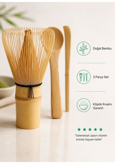 Matcha Çayı Hazırlama Bambu 3'lü Set - Geleneksel Japon Çay Seremoni Seti Kahverengi