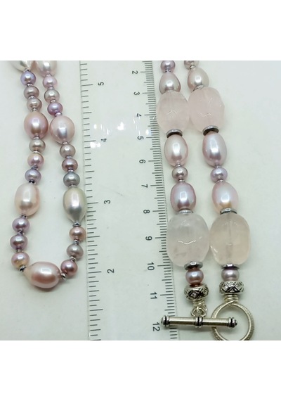 2865 Doğal Pembe İnci Kuvars Zirkon Hematit El Yapımı Uzun Kolye 046 - Pembe