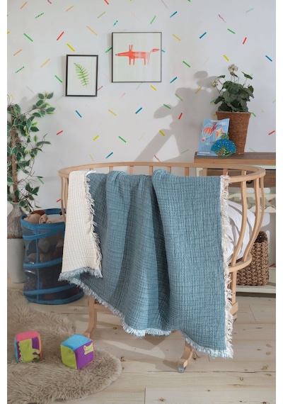 Varol 5 Katlı %100 Pamuk Müslin Bebek Battaniyesi Mavı/150x150cm