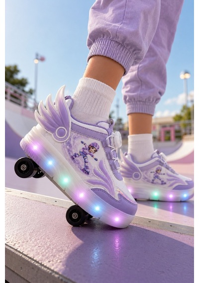 Muggo Wıngs Çocuk Kanat Detaylı Işıklı Patenli Tekerlekli Sneaker Spor Ayakkabı Lila