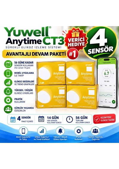 Yuwell Şeker Ölçüm Sensörü Sürekli Glikoz İzleme Sistemi Anytime 4 Sensör + 1 Verici