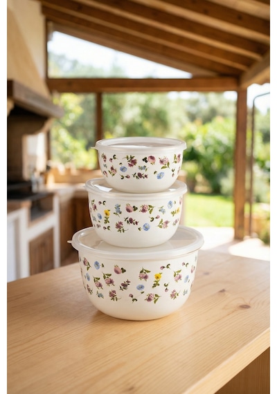 Acar Petit Fleur Emaye 3 Lü Saklama & Karıştırma Kabı Krem