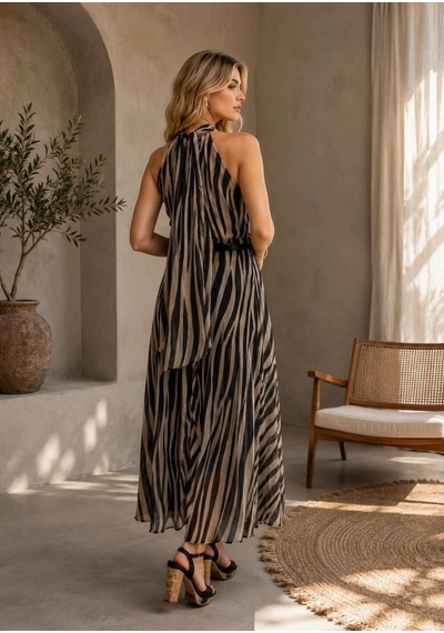 Moda Banuş Zebra Şifon Astarlı Elbise Siyah