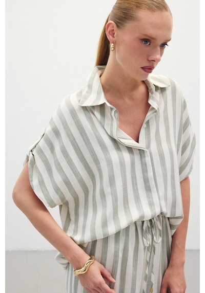 Sateen Çizgili Kısa Kol Gömlek - Haki-136307 Haki